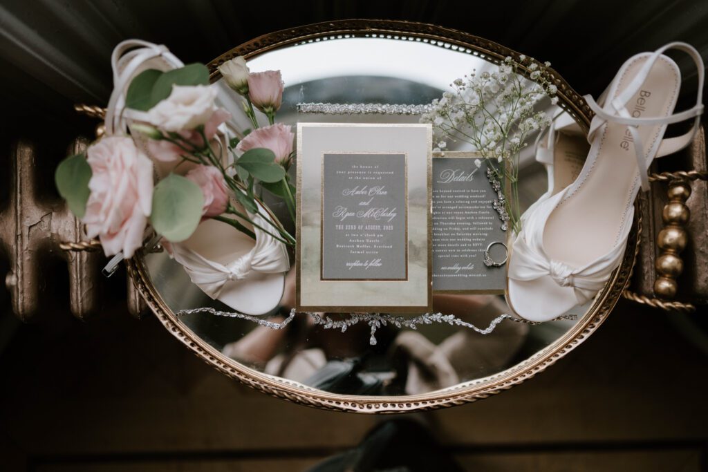 Luxury wedding stationery detail photography Scotland elegant invitation styling flat lay