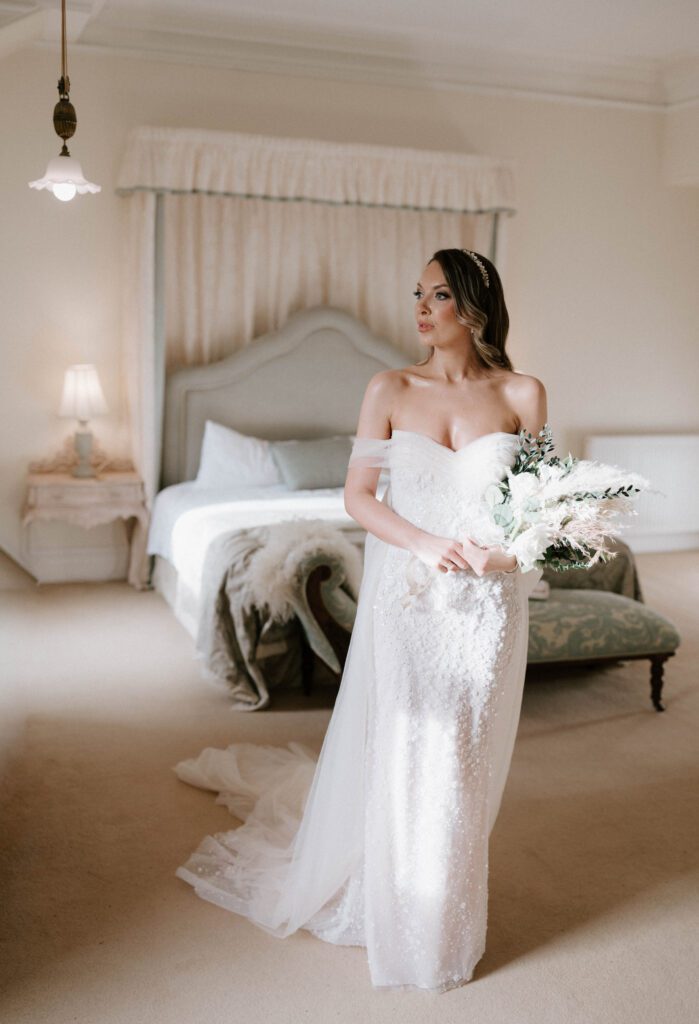 Editorial bridal portrait Photography Scotland bride standing inn elegant bedroom