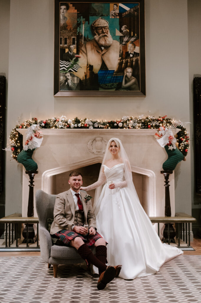 Scottish wedding photography bride and groom portrait elegant fireplace venue styling