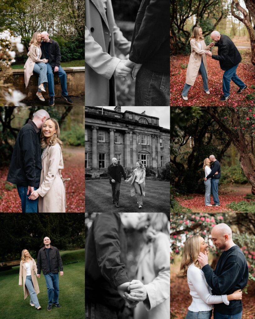 collage of natural, candid engagement photos featuring couples walking together and embracing outdoors in soft tones. Countryside backdrops and intimate connection captured in an editorial, timeless photography style.