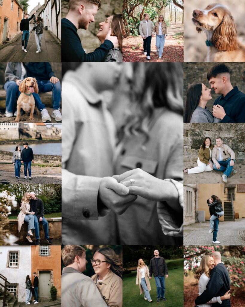 collage of natural, candid engagement photos featuring couples walking together and embracing outdoors in soft tones. Countryside backdrops and intimate connection captured in an editorial, timeless photography style.