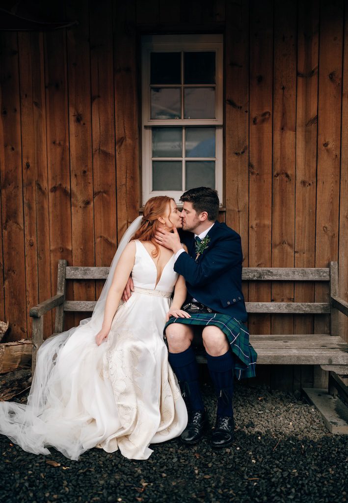 Scottish wedding photography bride and groom portrait rustic wooden venue